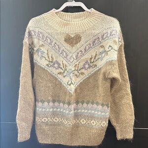 Elegant Tan Sweater with Purple and Green Accents